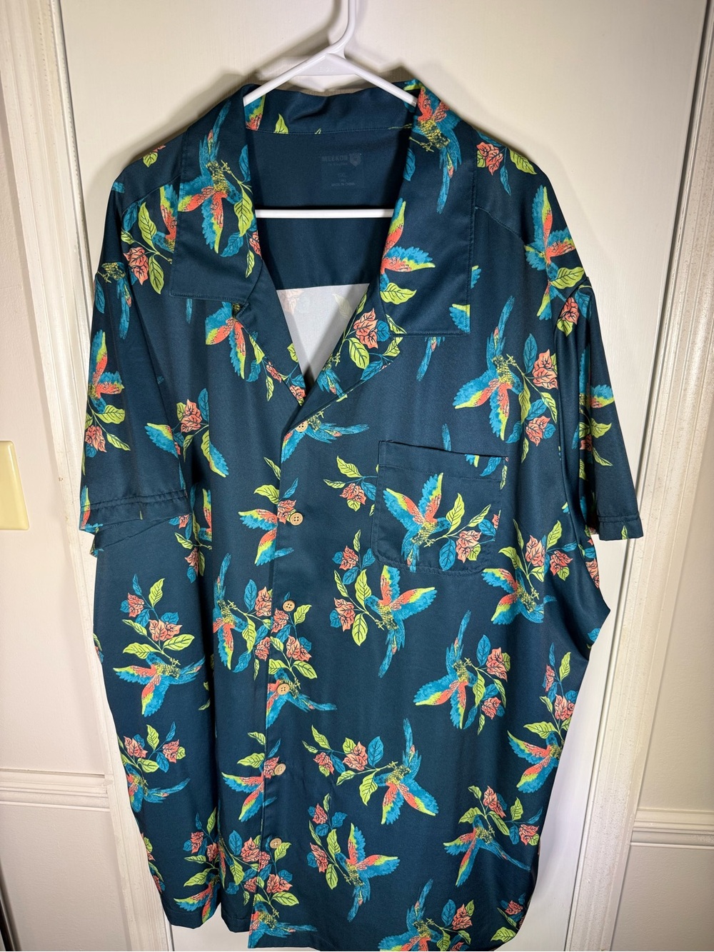 Meekos King Size Men’s 5XL Blue Tropical Floral Bird Short Sleeve Button-Up